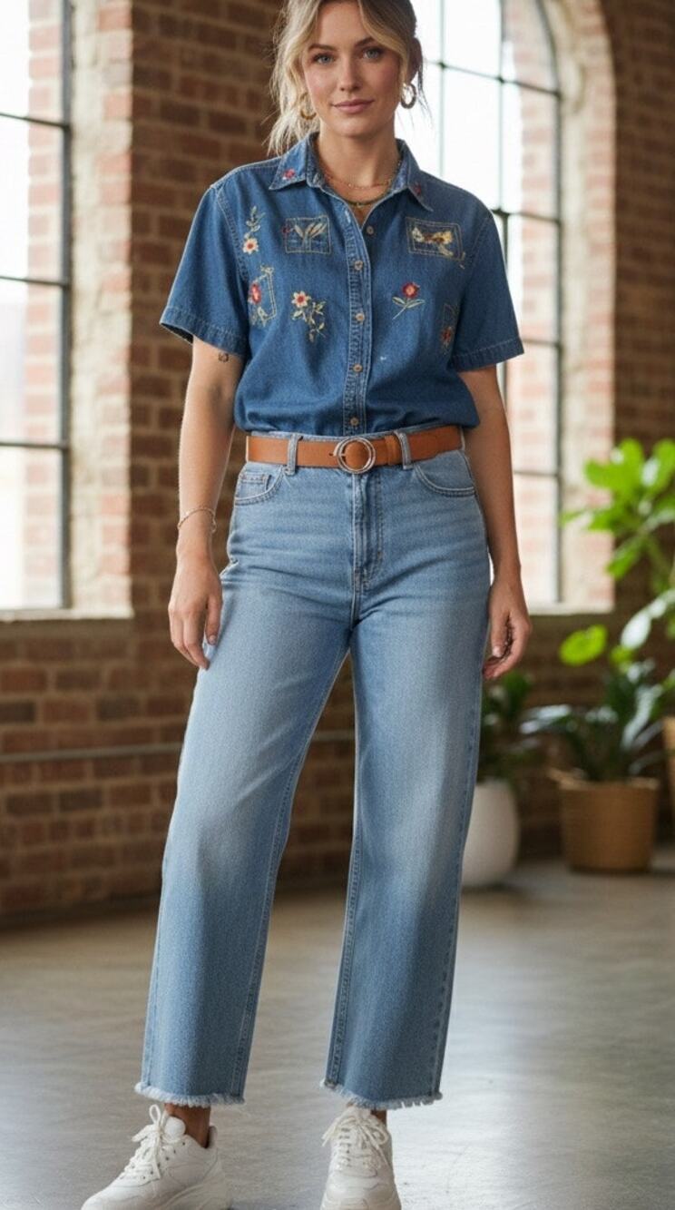 Vintage 90's Bobbie Brooks Grandma Chic Embroidered Denim Chambray Blouse